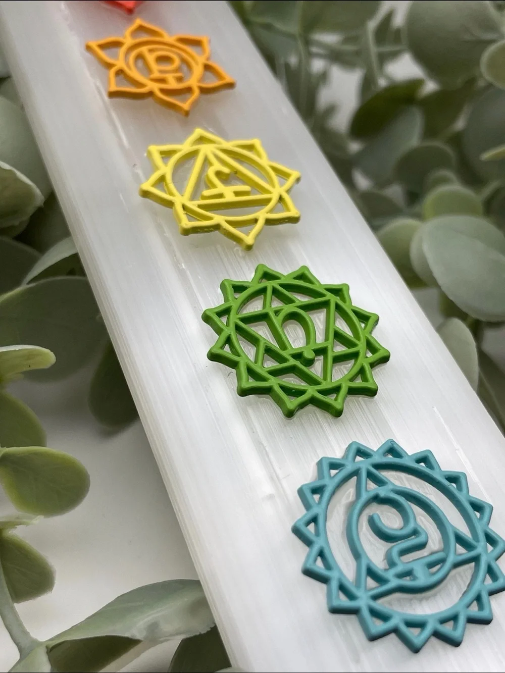 Chakra Selenite Charging Plate with Multicolor Chakra Symbols